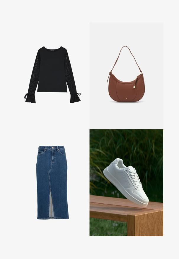 Zwarte top met een solide lichaam en doorschijnende, uitlopende mouwen. Heeft strikaccenten bij de manchetten. Gemaakt van een gladde stof met een getailleerd ontwerp.; Denim kokerrok in donkerblauw, midi-lengte met een voorzicht, vijf zakken ontwerp, contrasterende stiksels en metalen hardware accenten.; Witte sneaker met een gladde synthetische bovenkant, geperforeerde neus, platte veters en een gestructureerde zool, tentoongesteld op een houten oppervlak.; Bruine faux leren schoudertas met een gebogen vorm, minimale stiksels en een gouden hardware-accent. Voorzien van een bovenste ritsluiting en een verstelbare schouderband.
