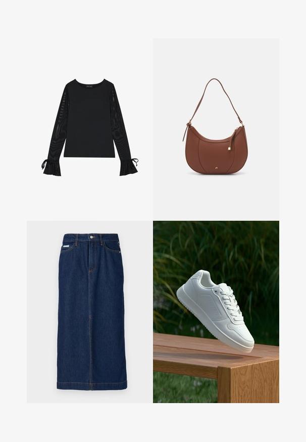 Top negru cu un corp solid și mâneci evazate, din material transparent. Prezintă accente cu șiret la manșete. Fabricat dintr-un material neted cu un design ajustat.; Fustă din denim de culoare albastru închis, cu croială dreaptă, are cusături portocalii, un tiv cu șanțuri pentru curea și buzunare frontale.; Sneaker alb cu un upper sintetic neted, cu vârf perforat, șireturi plate și o talpă texturată, expus pe o suprafață de lemn.; Geantă de umăr din piele ecologică maro, cu o formă curbată, cusături minime și un accent din metal auriu. Are un închidere cu fermoar în partea de sus și o curea ajustabilă.