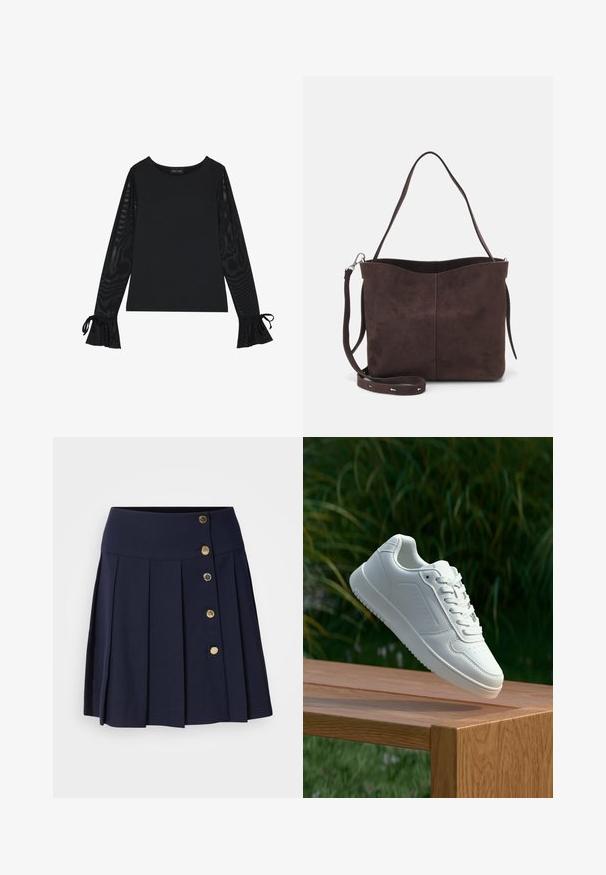 Zwarte top met een solide lichaam en doorschijnende, uitlopende mouwen. Heeft strikaccenten bij de manchetten. Gemaakt van een gladde stof met een getailleerd ontwerp.; Marineblauwe geplooide rok met een hoge tailleband, voorzien van vijf gouden knopen aan de voorkant en een gladde textuur. Geschikt voor verschillende gelegenheden.; Witte sneaker met een gladde synthetische bovenkant, geperforeerde neus, platte veters en een gestructureerde zool, tentoongesteld op een houten oppervlak.; Bruine suède schoudertas met een zachte textuur, voorzien van een enkele schouderband en een subtiele, gebogen bovenopening. Geen zichtbare hardwaredetails.
