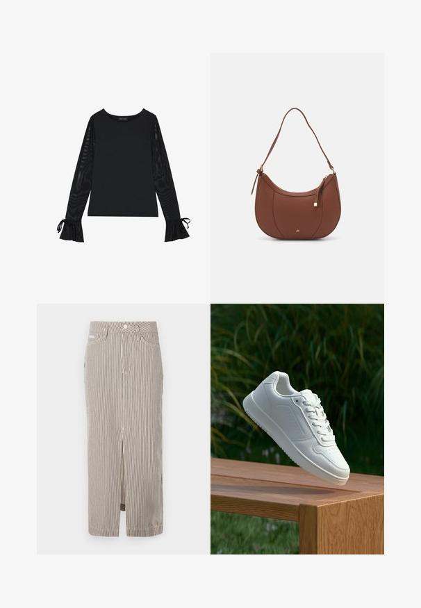 Zwarte top met een solide lichaam en doorschijnende, uitlopende mouwen. Heeft strikaccenten bij de manchetten. Gemaakt van een gladde stof met een getailleerd ontwerp.; Gestreepte midi rok in lichtbeige en donkerbruin, gemaakt van katoen, met een voorzijde split en riemlussen. Klassiek ontwerp en nauwsluitende pasvorm.; Witte sneaker met een gladde synthetische bovenkant, geperforeerde neus, platte veters en een gestructureerde zool, tentoongesteld op een houten oppervlak.; Bruine faux leren schoudertas met een gebogen vorm, minimale stiksels en een gouden hardware-accent. Voorzien van een bovenste ritsluiting en een verstelbare schouderband.