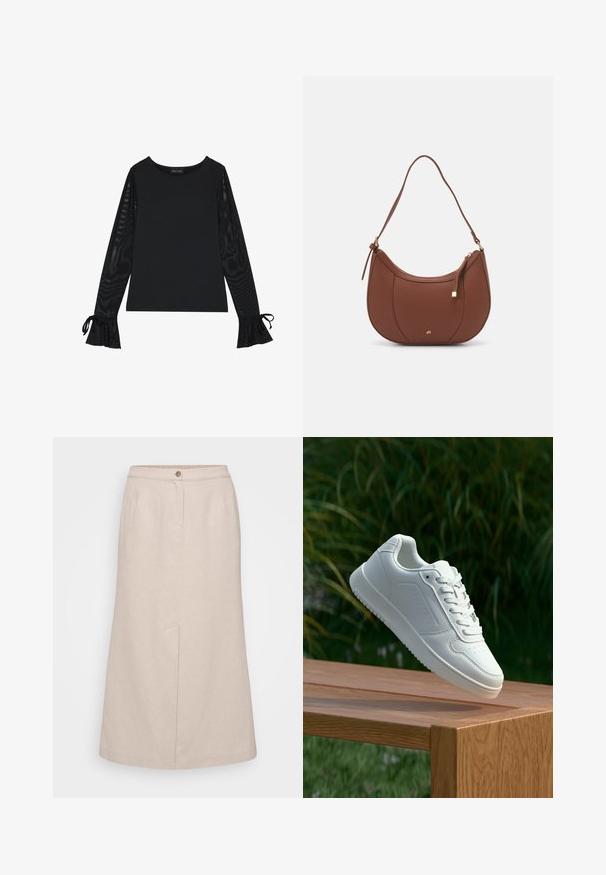 Svart topp med solid kropp og gjennomsiktige, flarede ermer. Har knyteakenter ved mansjettene. Laget av glatt stoff med en tettsittende design.; Beige midi skjørt laget av strukturert stoff, med knappelukking, frontfolder og en enkel sidelomme for praktisk detalj.; Hvite sneakers med en glatt syntetisk overdel, perforert tåboks, flate snørebånd og en teksturert såle, vist på en treflate.; Brun kunstlæder skuldertaske med buet form, minimal syning og detaljer i guld-tonet hardware. Har en top lynlås lukning og justerbar rem.