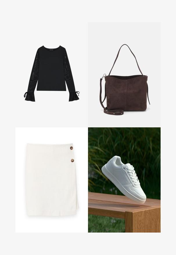 Black top with solid body and sheer, flared sleeves. Features tie accents at the cuffs. Made from smooth fabric with a fitted design.; White skirt with a textured fabric, featuring a wrap design and two round buttons on the side for fastening.; White sneaker with a smooth synthetic upper, perforated toe box, flat laces, and a textured sole, displayed on a wooden surface.; Brown suede tote bag with a soft texture, featuring a single shoulder strap and a subtle curved top opening. No visible hardware details.