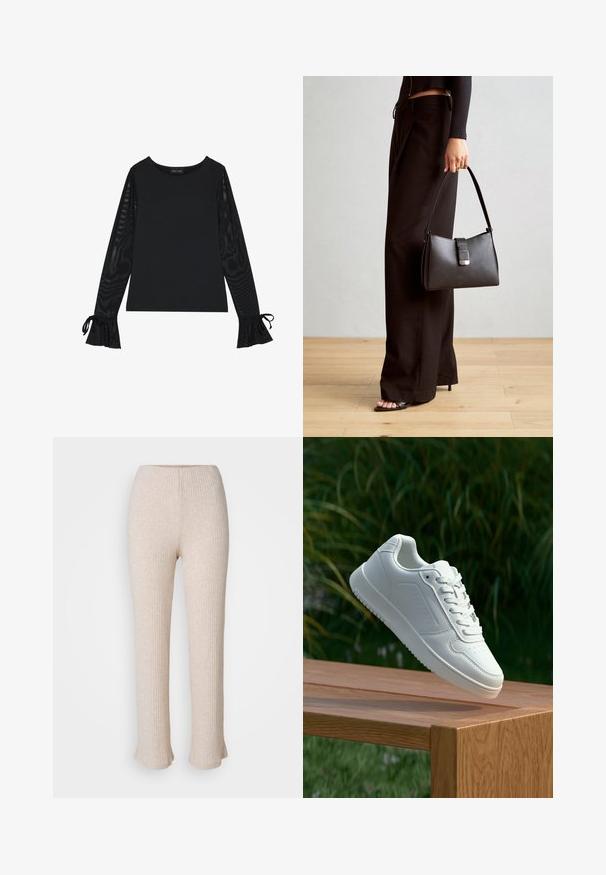Čierny top s pevným telom a priesvitnými, rozšírenými rukávmi. Obsahuje viazacie akcenty na manžetách. Vyrobený z hladkej tkaniny s priliehavým strihom.; Svetlé béžové rebrované nohavice so strihom rovného nohu a rozšíreným lemom. Vyrobené z jemného materiálu s jemnou textúrou. Elastický pás pre pohodlie.; Biele tenisky s hladkým syntetickým zvrškom, perforovanou špičkou, plochými šnúrkami a textúrovanou podrážkou, vystavené na drevenej ploche.; Čierna kabelka so štruktúrovaným tvarom, hladkou textúrou a kovovou sponou. V kombinácii so širokými čiernymi nohavicami a sandálmi s otvorenou špičkou na drevenej podlahe.