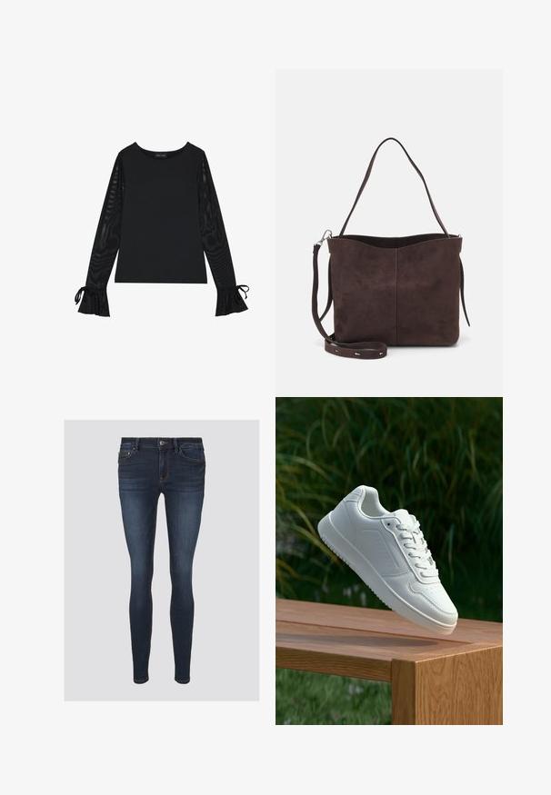 Černý top s pevným tělem a průhlednými, rozšířenými rukávy. Obsahuje vázací detaily na manžetách. Vyrobeno z hladkého materiálu s přiléhavým střihem.; Úzké džíny vyrobené z tmavě modrého denimu, s oranžovým prošitím, zapínáním na knoflík a předními kapsami. Hladká textura s obepínajícím střihem.; Bílé tenisky s hladkým syntetickým svrškem, perforovanou špičkou, plochými tkaničkami a texturovanou podrážkou, vystavené na dřevěném povrchu.; Hnědá semišová taška přes rameno s jemnou texturou, vybavená jedním popruhem na rameno a decentním zakřiveným horním otvorem. Žádné viditelné detaily z hardware.