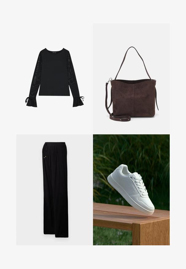 Crna majica s čvrstim tijelom i prozirnim, širijim rukavima. Ima vezanje na manžetama. Izrađena je od glatkog materijala s krojem koji naglašava tijelo.; Crne lagane hlače s opuštenim krojem. Sadrže pojas s vezicom, nabore i zlatne akcentne detalje na krajevima vezice.; Bijela tenisica sa glatkim sintetičkim gornjim dijelom, perforiranim prednjim dijelom, ravnim vezicama i teksturiranom potplatom, prikazana na drvenoj površini.; Smeđa suđena torba s mekanom teksturom, s jednim remenom za rame i suptilno zakrivljenim gornjim otvorom. Nema vidljivih dijelova od hardvera.