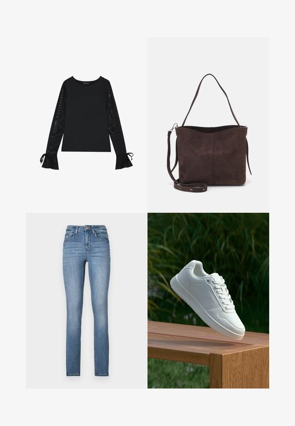 Melns tops ar vienkāršu korpusu un caurspīdīgām plandošām piedurknēm. Piedurknēm ir sasienamas detaļas. Izgatavots no gludas auduma ar pieguļošu dizainu.; Gai zilu džinsu skinny bikses ar augsto jostas vietu, piecām kabatām, viegliem izbalēšanas efektiem un kontrastējošiem šuvju izstrādājumiem.; Baltie sporta apavi ar gludu sintētisku augšpusi, perforētu pirkstu daļu, plakani šņorēm un rakstainu zoli, novietoti uz koka virsmas.; Brūns zamšādas roku soma ar mīkstu tekstūru, aprīkota ar vienu plecu siksnu un nelielu izliekta augšējā atvēruma dizainu. Nav redzamu metāla detaļu.