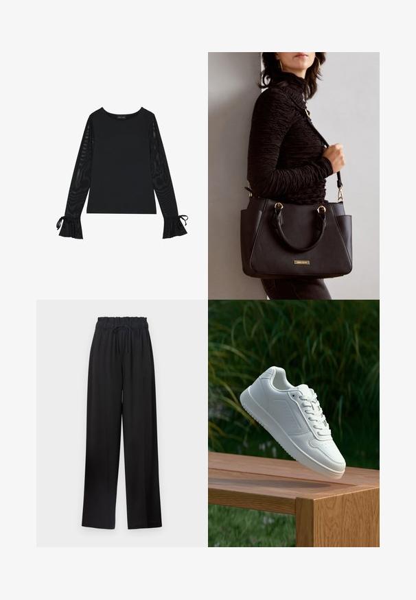 Juodas marškinėlis su tvirtu kūnu ir permatomomis, plačiomis rankovėmis. Yra kaklo juostos akcentai ant rankogalių. Pagamintas iš lygaus audinio su pritaikytu dizainu.; Juodos plačios kelnės su elastinga juosta ir raišteliu. Pagamintos iš lygios medžiagos be matomų raštų ar aparatūros.; Balti sneakeriai su lygia sintetine viršutine dalimi, perforuota pirštų zona, plokščiomis raištelėmis ir tekstūruotu padu, padėti ant medinės paviršiaus.; Juodas rankinės maišelis su struktūrizuota paviršiumi, dvigubais viršutiniais rankenėlėmis ir reguliuojamu peties diržu. Įrengtas aukso spalvos furnitūra ir šoninės kišenės.