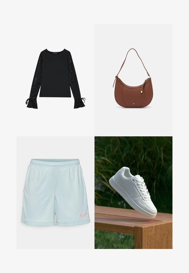Haut noir avec un corps uni et des manches évasées en voile. Présente des accents à nouer aux poignets. Fabriqué à partir d'un tissu lisse avec une coupe ajustée.; Shorts de sport bleu clair avec une taille élastique, dotés d'un logo Nike rose sur le côté et d'une texture en mesh au niveau de l'ourlet.; Sneakers blanches avec une tige synthétique lisse, un avant perforé, des lacets plats et une semelle texturée, présentées sur une surface en bois.; Sac à épaule en faux cuir brun, de forme arrondie, avec des coutures minimales et un accent en matériel doré. Il possède une fermeture zippée sur le dessus et une sangle réglable.