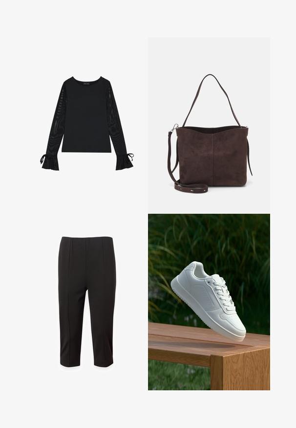 Fekete felső, szolid testtel és áttetsző, harangujjakkal. Kötős részletekkel a mandzsettákon. Simára kidolgozott anyagból, testhezálló kialakítással készült.; Fekete, rövidített nadrág sima anyagból, szabott dizájnnal, elől pliszékkel és egyenes szabással. Nincs látható zseb vagy díszítés.; Fehér sportcipő sima szintetikus felsőrésszel, perforált lábujjrész, lapos fűzőkkel és texturált talppal, fából készült felületen kihelyezve.; Barna velúrbőr táska puha tapintással, egyetlen vállpánttal és finoman ívelt felső nyitással. Nincs látható fémrész.