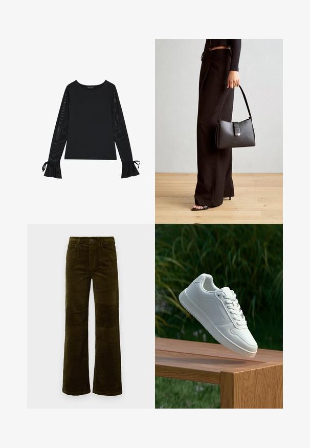 Svart topp med solid kropp og gjennomsiktige, flarede ermer. Har knyteakenter ved mansjettene. Laget av glatt stoff med en tettsittende design.; Kordfløyelsbukser med vide ben i dyp olivengrønn. Har fem lommer, knappelukking og vertikal ribbet tekstur. Standard passform med et klassisk design.; Hvite sneakers med en glatt syntetisk overdel, perforert tåboks, flate snørebånd og en teksturert såle, vist på en treflate.; Svart håndveske med strukturert form, jevn tekstur og metallisk lås. Kombinert med brede svarte bukser og sandaler med åpen tå på tregulv.