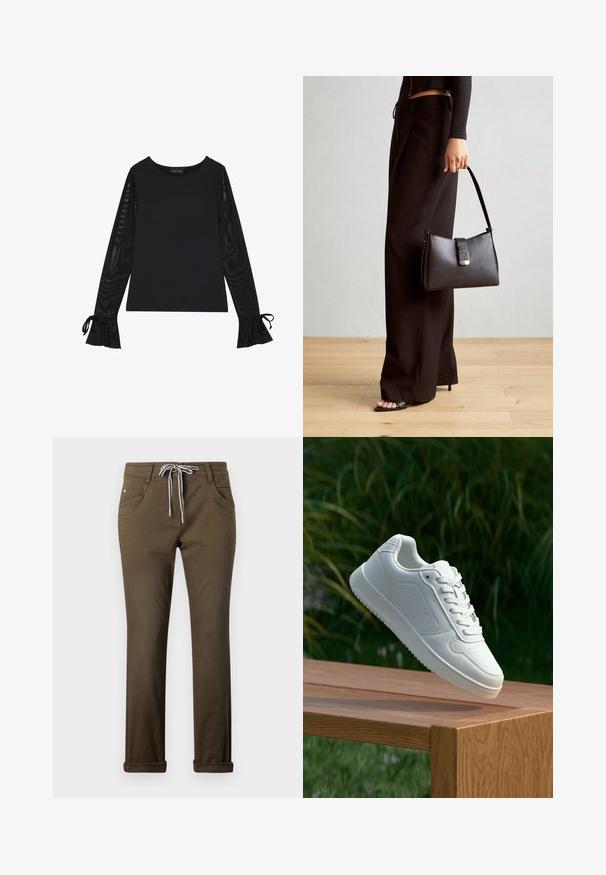 Must mustriga kinnise kehaga ja läbipaistvate, laia varrukatega. Omab nööride aktsente varrukate otsas. Valmistatud siledast kangast, millel on kinnine lõige.; Pruunid vabaaja püksid siledast materjalist, mis on varustatud valgete aksessuaaridega tõmblukuga vöökohaga, viie tasku ja rullede pallidega.; Valged sneakerd, millel on sile sünteetiline ülemine osa, väikeste aukudega varvaskast, lamedad paelad ja tekstuuriga tald, eksponeeritud puidust pinnal.; Must musta kott, millel on struktureeritud kuju, sile tekstuur ja metallist klamber. Kombineeritud laiate mustade pükstega ja avatud varvaste sandaalidega puidust põrandal.