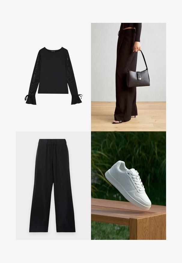 Svart topp med solid kropp og gjennomsiktige, flarede ermer. Har knyteakenter ved mansjettene. Laget av glatt stoff med en tettsittende design.; Sorte vide benbukser laget av et glatt stoff, med elastisk midjebånd og uten synlige lukkinger eller mønstre.; Hvite sneakers med en glatt syntetisk overdel, perforert tåboks, flate snørebånd og en teksturert såle, vist på en treflate.; Svart håndveske med strukturert form, jevn tekstur og metallisk lås. Kombinert med brede svarte bukser og sandaler med åpen tå på tregulv.