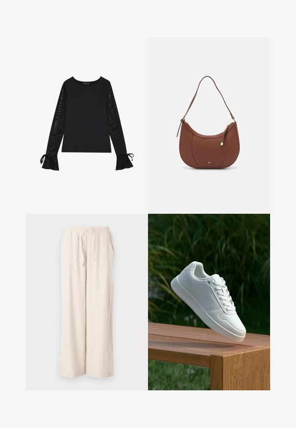 Črna majica z enotno podlago in prozornimi, širokimi rokavi. Ima zaveze pri manšetah. Narejena iz gladkega materiala s prilegajočim dizajnom.; Bež lanene hlače širokih nogavic z elastičnim pasom in sprednjimi žepi. Gladka tekstura, lahka tkanina, model do gležnjev.; Bela teniska s gladkim sintetičnim zgornjim delom, perforiranim prednjim delom, ravnimi vezalkami in teksturiranim podplatom, prikazana na leseni površini.; Rjava usnjena torbica z ramenskim ročajem, ukrivljene oblike, minimalnim šivom in zlato-tonirano kovinsko dekoracijo. Ima zgornje zapiranje na zadrgo in nastavljiv trak.