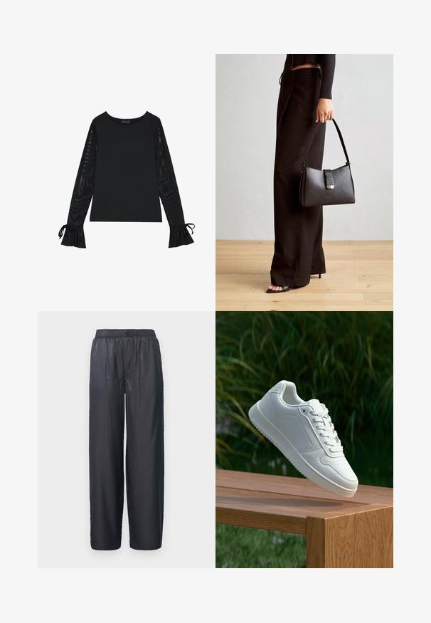 Haut noir avec un corps uni et des manches évasées en voile. Présente des accents à nouer aux poignets. Fabriqué à partir d'un tissu lisse avec une coupe ajustée.; Pantalons larges noirs fabriqués à partir d'un tissu lisse et brillant. Équipés d'une taille élastique et sans poches visibles. Design simple, longueur complète.; Sneakers blanches avec une tige synthétique lisse, un avant perforé, des lacets plats et une semelle texturée, présentées sur une surface en bois.; Sac à main noir à la forme structurée, texture lisse et fermoir métallique. Associé à un pantalon noir ample et des sandales ouvertes sur un sol en bois.