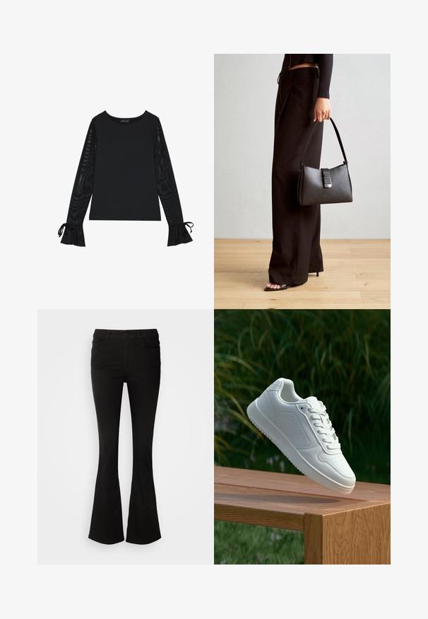 Black top with solid body and sheer, flared sleeves. Features tie accents at the cuffs. Made from smooth fabric with a fitted design.; Black flared pants made of stretch fabric, featuring a waistband with belt loops and front pockets, smooth texture, and a tailored fit to the knee.; White sneaker with a smooth synthetic upper, perforated toe box, flat laces, and a textured sole, displayed on a wooden surface.; Black handbag with structured shape, smooth texture, and a metallic clasp. Paired with wide black pants and open-toe sandals on wooden floor.
