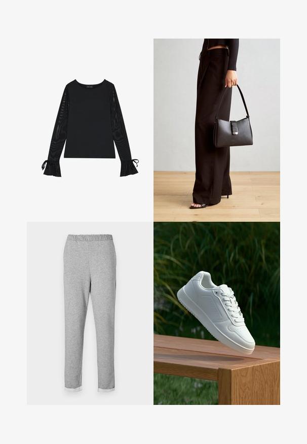 Juodas marškinėlis su tvirtu kūnu ir permatomomis, plačiomis rankovėmis. Yra kaklo juostos akcentai ant rankogalių. Pagamintas iš lygaus audinio su pritaikytu dizainu.; Pilkos sportinės kelnės su elastinga juosmena, siaurėjančio dizaino kojomis ir sulankstytu kraštu. Minkšta tekstūra be matomų raštų ar akcentų.; Balti sneakeriai su lygia sintetine viršutine dalimi, perforuota pirštų zona, plokščiomis raištelėmis ir tekstūruotu padu, padėti ant medinės paviršiaus.; Juodas rankinė struktūrizuota forma, lygi tekstūra ir metalinis užsegimas. Suporuota su plačiomis juodomis kelnėmis ir atvirais bateliais ant medinių grindų.