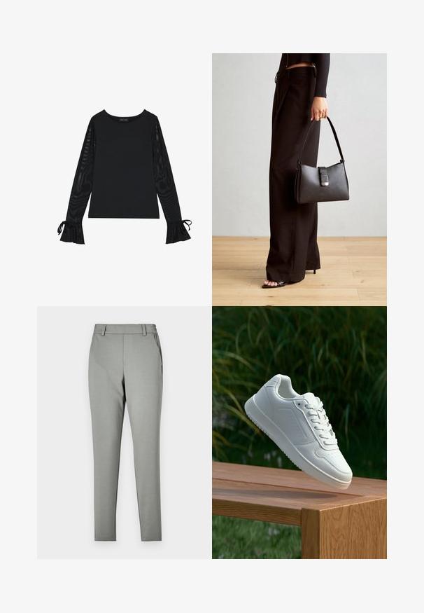 Sort top med solid krop og gennemsigtige, flagrende ærmer. Har bindebånd ved manchetterne. Lavet af glat stof med en figursyet design.; Lysegrå bukser med en skræddersyet pasform, lavet af et glat stof. Har en talje med bælteløkker og sidelommer, samt en tilspidset ben-design.; Hvid sneaker med en glat syntetisk overdel, perforeret tåboks, flade snørebånd og en tekstureret sål, præsenteret på en træoverflade.; Sort håndtaske med struktureret form, glat overflade og metalspænde. Sammen med brede sorte bukser og sandaler med åben tå på trægulv.