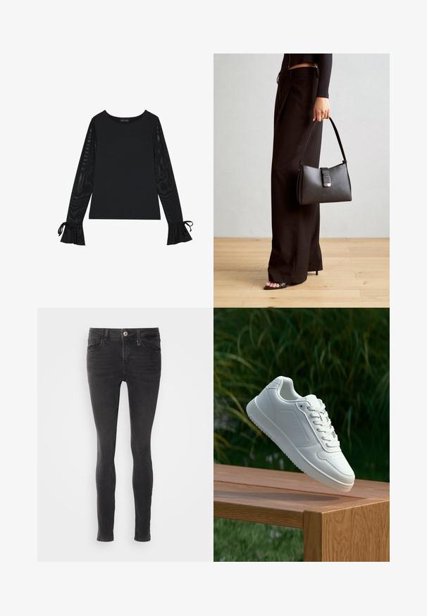 Top preto com corpo sólido e mangas amplas e transparentes. Apresenta detalhes em laço nos punhos. Feito de um tecido suave com um design ajustado.; Jeans slim-fit pretos feitos de denim com uma textura suave. Apresenta cinco bolsos, fecho com botão e zip. Sem padrões ou detalhes.; Sapatilha branca com um cabedal sintético liso, caixa dos dedos perfurada, atacadores planos e uma sola texturizada, exposta sobre uma superfície de madeira.; Bolsa preta com forma estruturada, textura suave e um fecho metálico. Combinada com calças largas pretas e sandálias de salto aberto sobre um chão de madeira.
