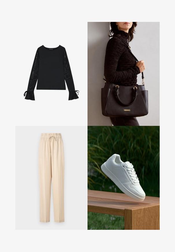 Svart topp med solid kropp og gjennomsiktige, flarede ermer. Har knyteakenter ved mansjettene. Laget av glatt stoff med en tettsittende design.; Beige, lette bukser med elastisk liv, snor detalj og rett ben design. Glatt tekstur, minimalistisch stil.; Hvite sneakers med en glatt syntetisk overdel, perforert tåboks, flate snørebånd og en teksturert såle, vist på en treflate.; Svart håndveske med teksturert overflate, doble topphåndtak og justerbar skulderrem. Har detaljer i gulltone og sidelommer.