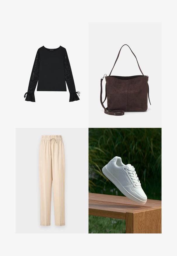 Melns tops ar vienkāršu korpusu un caurspīdīgām plandošām piedurknēm. Piedurknēm ir sasienamas detaļas. Izgatavots no gludas auduma ar pieguļošu dizainu.; Beige, viegli krēmkrāsas bikses ar elastīgu jostu, auklas detaļu un taisnu kāju dizainu. Gluda tekstūra, minimālistisks stils.; Baltie sporta apavi ar gludu sintētisku augšpusi, perforētu pirkstu daļu, plakani šņorēm un rakstainu zoli, novietoti uz koka virsmas.; Brūns zamšādas roku soma ar mīkstu tekstūru, aprīkota ar vienu plecu siksnu un nelielu izliekta augšējā atvēruma dizainu. Nav redzamu metāla detaļu.