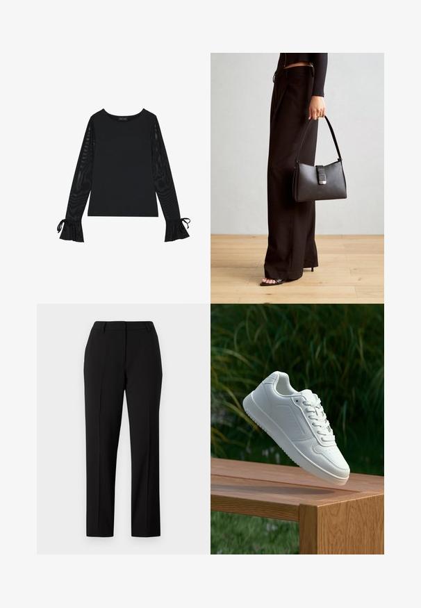 Svart topp med solid kropp och genomskinliga, utställda ärmar. Har snördetaljer vid ärmsluten. Tillverkad av ett mjukt tyg med figurnära design.; Svarta raka byxor i ett slätt tyg. Har platt front, bälteshällor och sidofickor. Designade för formellt eller affärsmässigt användande.; Vita sneakers med en slät syntetisk ovandel, perforerat tåparti, platta snören och en strukturerad sula, placerade på en träyta.; Svart handväska med strukturerad form, slät yta och metallspänne. Matchad med vida svarta byxor och sandaler med öppen tå på trägolv.