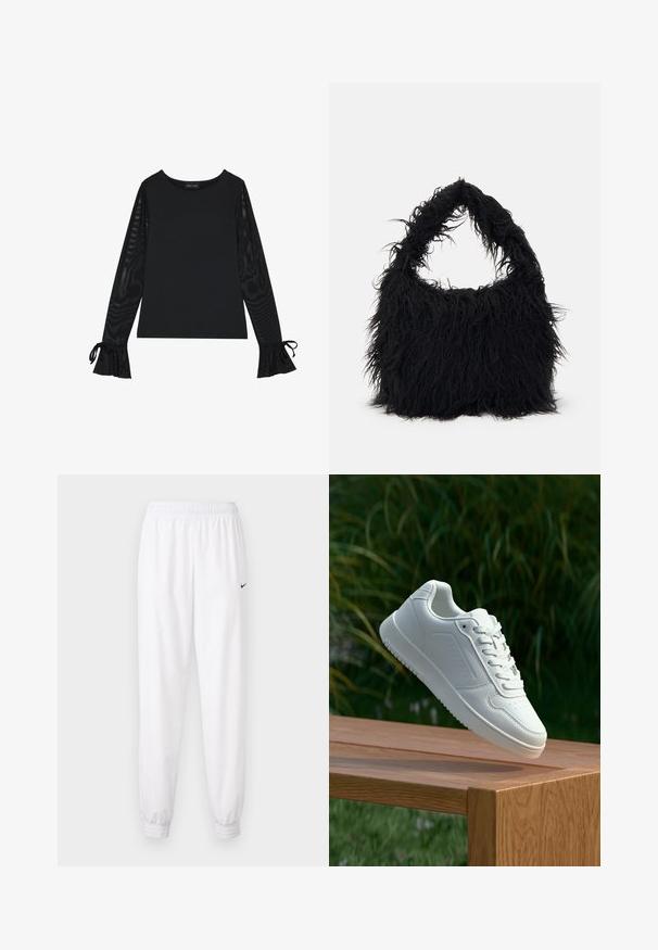 Sort top med solid krop og gennemsigtige, flagrende ærmer. Har bindebånd ved manchetterne. Lavet af glat stof med en figursyet design.; Hvide atletikbukser lavet af letvægtsstof, med elastik i taljen, tilspidsede ben og et lille sort Nike-logo på siden.; Hvid sneaker med en glat syntetisk overdel, perforeret tåboks, flade snørebånd og en tekstureret sål, præsenteret på en træoverflade.; Even&Odd Shopping bags - black