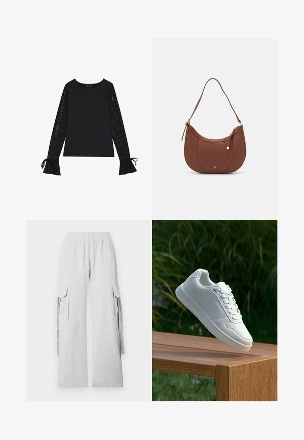 Must mustriga kinnise kehaga ja läbipaistvate, laia varrukatega. Omab nööride aktsente varrukate otsas. Valmistatud siledast kangast, millel on kinnine lõige.; Heled hallid cargo püksid elastse vöökohta, laiad jalad ja küljetaskud. Pehme kangas sujuva tekstuuriga. Funktsionaalne disain.; Valged sneakerd, millel on sile sünteetiline ülemine osa, väikeste aukudega varvaskast, lamedad paelad ja tekstuuriga tald, eksponeeritud puidust pinnal.; Pruun faux nahast õlaline kott, millel on kaarjas kuju, minimaalne õmblemine ja kuldse tooni metallist aksessuaar. Omab ülemist tõmblukku ja reguleeritavat rihma.