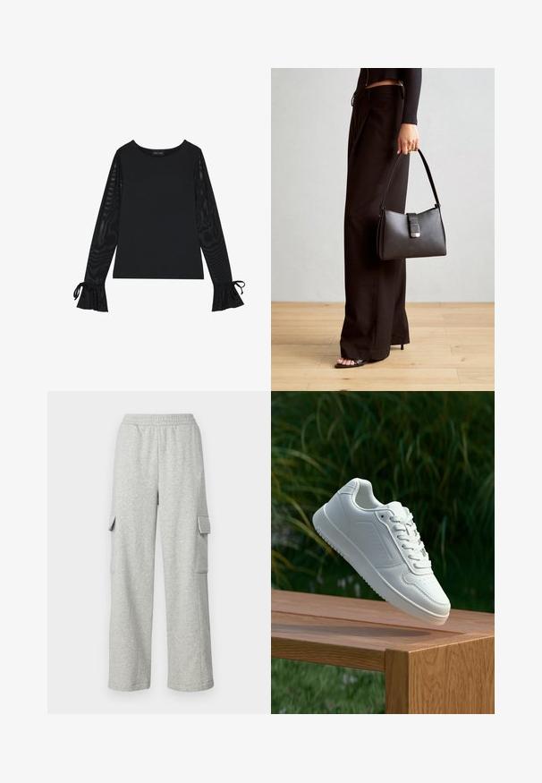 Melns tops ar vienkāršu korpusu un caurspīdīgām plandošām piedurknēm. Piedurknēm ir sasienamas detaļas. Izgatavots no gludas auduma ar pieguļošu dizainu.; GAP Petite FRONT SEAM WIDE LEG PANT - Treniņtērpa apakšdaļas - light grey; Baltie sporta apavi ar gludu sintētisku augšpusi, perforētu pirkstu daļu, plakani šņorēm un rakstainu zoli, novietoti uz koka virsmas.; Melnā somiņa ar strukturētu formu, gludu tekstūru un metālu sprādzi. Saskaņota ar platām melnām biksēm un sandālēm ar atvērtu purngalu uz koka grīdas.