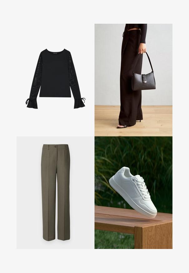 Top negru cu un corp solid și mâneci evazate, din material transparent. Prezintă accente cu șiret la manșete. Fabricat dintr-un material neted cu un design ajustat.; Modström GALE PANTS - Pantaloni - warm gray; Sneaker alb cu un upper sintetic neted, cu vârf perforat, șireturi plate și o talpă texturată, expus pe o suprafață de lemn.; Genți negre cu o formă structurată, textură netedă și un închizător metalic. Asortată cu pantaloni negri largi și sandale cu vârf deschis pe un podea din lemn.