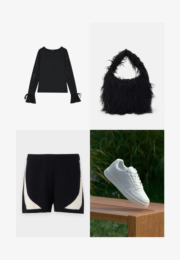 Top preto com corpo sólido e mangas amplas e transparentes. Apresenta detalhes em laço nos punhos. Feito de um tecido suave com um design ajustado.; Calções de malha pretos com padrões geométricos em creme contrastantes nas laterais. Apresentam um cós canelado e uma textura suave.; Sapatilha branca com um cabedal sintético liso, caixa dos dedos perfurada, atacadores planos e uma sola texturizada, exposta sobre uma superfície de madeira.; Even&Odd Saco de mão - black