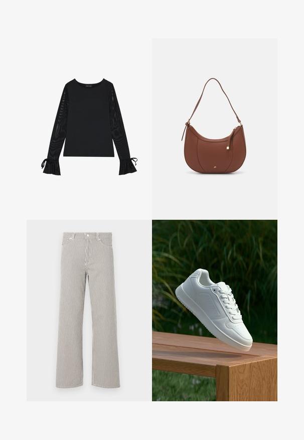 Fekete felső, szolid testtel és áttetsző, harangujjakkal. Kötős részletekkel a mandzsettákon. Simára kidolgozott anyagból, testhezálló kialakítással készült.; Csíkos, bő szabású nadrág könnyű anyagból. Függőleges fekete és fehér csíkokkal, derékpánttal és öt zsebbel rendelkezik.; Fehér sportcipő sima szintetikus felsőrésszel, perforált lábujjrész, lapos fűzőkkel és texturált talppal, fából készült felületen kihelyezve.; Barna műbőr válltáska ívelt formával, minimális varrással és arany színű kiegészítőkkel. Jellemzője a felső cipzáras záródás és állítható pánt.