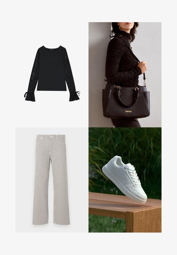 Czarna bluzka z gładkim korpusem i przezroczystymi, rozszerzanymi rękawami. Posiada wiązania na mankietach. Wykonana z gładkiego materiału o dopasowanym kroju.; Spodnie w szerokim kroju w paski, wykonane z lekkiego materiału. Posiadają pionowe czarno-białe paski, pas oraz pięć kieszeni.; Biały sneaker z gładką syntetyczną cholewą, perforowanym noskiem, płaskimi sznurowadłami i teksturowaną podeszwą, wyeksponowany na drewnianej powierzchni.; Czarna torebka z teksturowanej powierzchni, podwójnymi uchwytami na górze i regulowanym paskiem na ramię. Posiada złote okucia i boczne kieszenie.