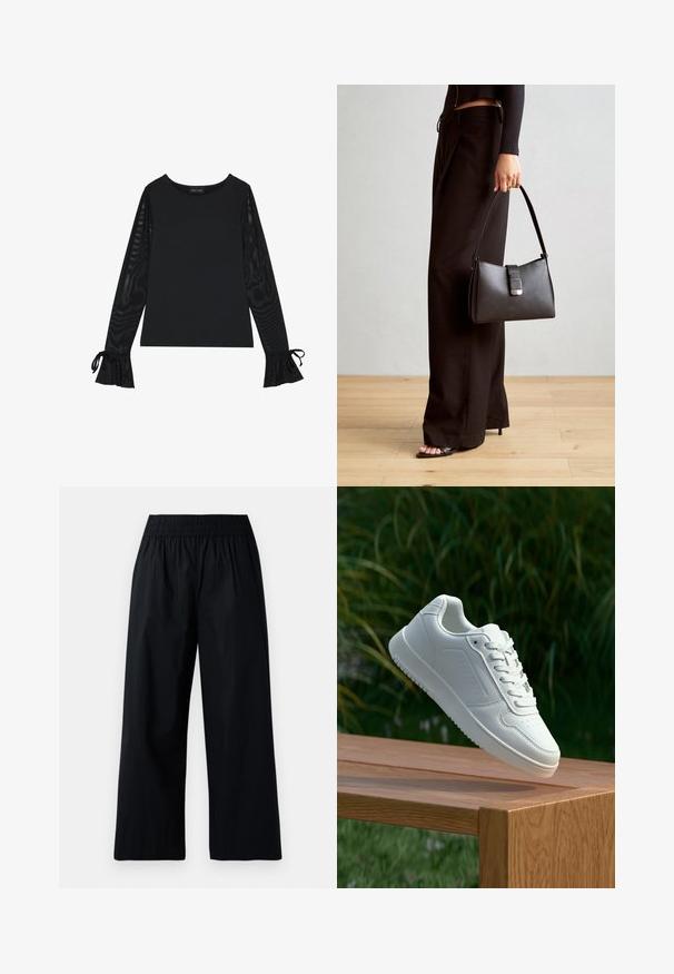 Fekete felső, szolid testtel és áttetsző, harangujjakkal. Kötős részletekkel a mandzsettákon. Simára kidolgozott anyagból, testhezálló kialakítással készült.; Fekete, széles lábú nadrág, rugalmas derékrésszel, sima, könnyű anyagból készült, laza szabással. Zsebek és látható díszítések nélkül.; Fehér sportcipő sima szintetikus felsőrésszel, perforált lábujjrész, lapos fűzőkkel és texturált talppal, fából készült felületen kihelyezve.; Fekete kézi táska strukturált formával, sima textúrával és fémből készült záródással. Széles fekete nadrággal és nyitott orrú szandállal párosítva, fából készült padlón.