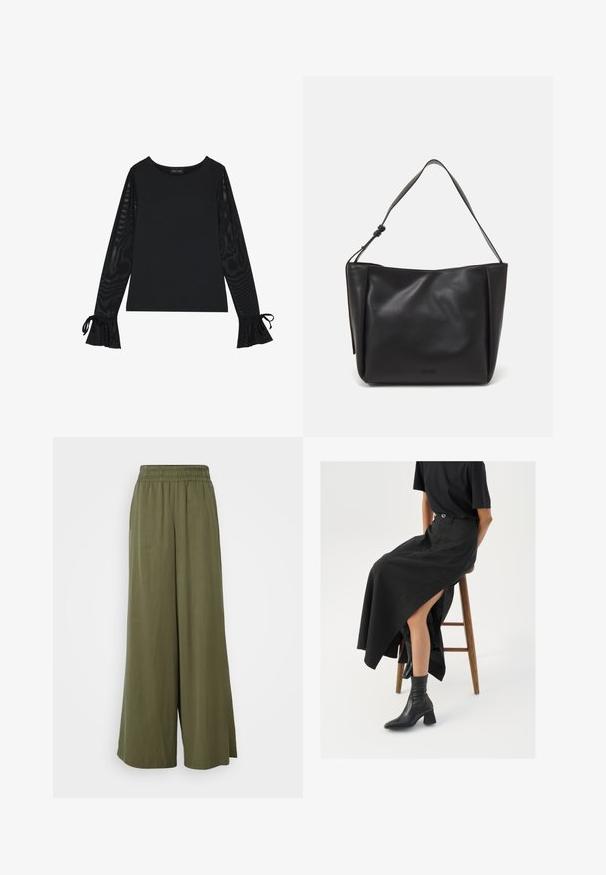Zwarte top met een solide lichaam en doorschijnende, uitlopende mouwen. Heeft strikaccenten bij de manchetten. Gemaakt van een gladde stof met een getailleerd ontwerp.; DRYKORN CEILING - Broek - green; Zwarte linnen maxi rok met een hoge split, gedragen met een zwart T-shirt en zwarte enkellaarsjes. Minimalistisch ontwerp met een relaxte pasvorm.; Calvin Klein GRACIE MEDIUM - Handtas - black