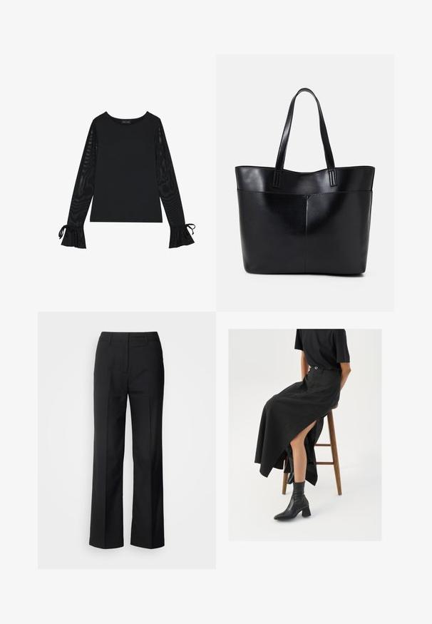 Čierny top s pevným telom a priesvitnými, rozšírenými rukávmi. Obsahuje viazacie akcenty na manžetách. Vyrobený z hladkej tkaniny s priliehavým strihom.; Scotch & Soda CORE EDIE - Nohavice - black; Čierna ľanová maxi sukňa s vysokým rozparkom, nosená s čiernym tričkom a čiernymi členkovými čižmami. Minimalistický dizajn s voľným strihom.; Čierna kožená tote taška s dvoma dlhými rúčkami, hladkým povrchom a štruktúrovaným tvarom. Obsahuje prednú kapsu pre dodatočné uskladnenie.