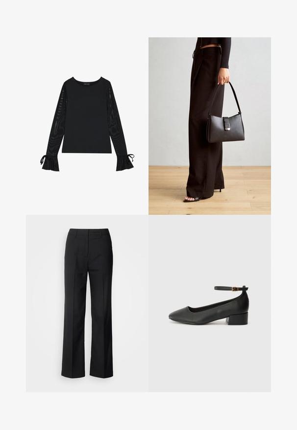 Svart topp med solid kropp och genomskinliga, utställda ärmar. Har snördetaljer vid ärmsluten. Tillverkad av ett mjukt tyg med figurnära design.; Scotch & Soda CORE EDIE - Tygbyxor - black; Svart läderpump med spetsig tå och en låg klack. Har en ankelsnodd med en guldtonad spänne. Slät textur.; Svart handväska med strukturerad form, slät yta och metallspänne. Matchad med vida svarta byxor och sandaler med öppen tå på trägolv.