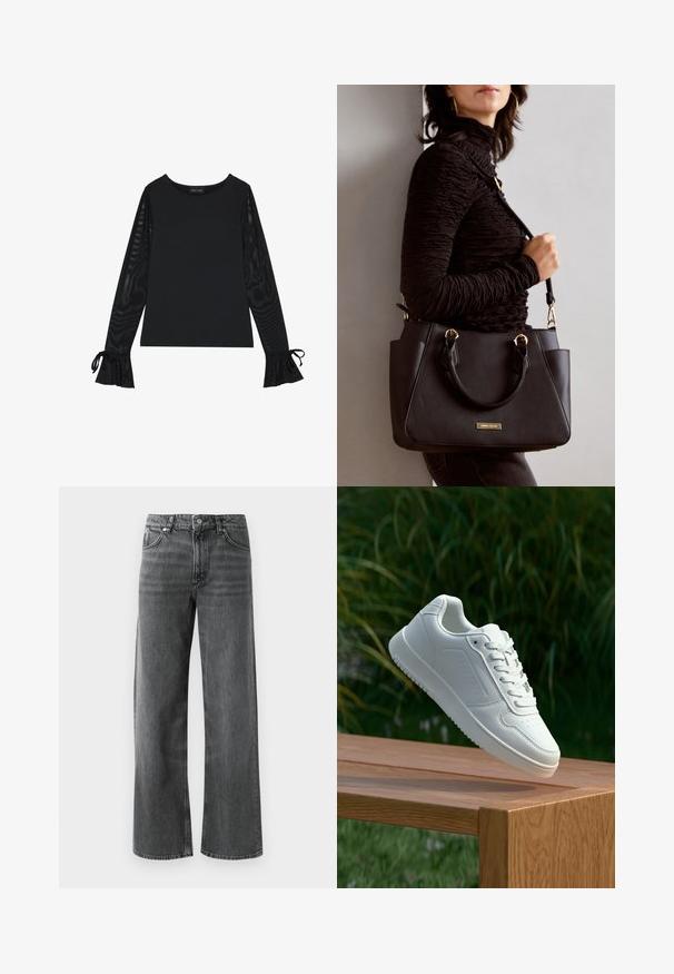 Black top with solid body and sheer, flared sleeves. Features tie accents at the cuffs. Made from smooth fabric with a fitted design.; Wide-leg black denim jeans with a slightly faded finish, featuring five pockets and a button closure. Contrast stitching detail enhances design.; White sneaker with a smooth synthetic upper, perforated toe box, flat laces, and a textured sole, displayed on a wooden surface.; Black handbag with textured surface, dual top handles, and adjustable shoulder strap. Features gold-tone hardware and side pockets.