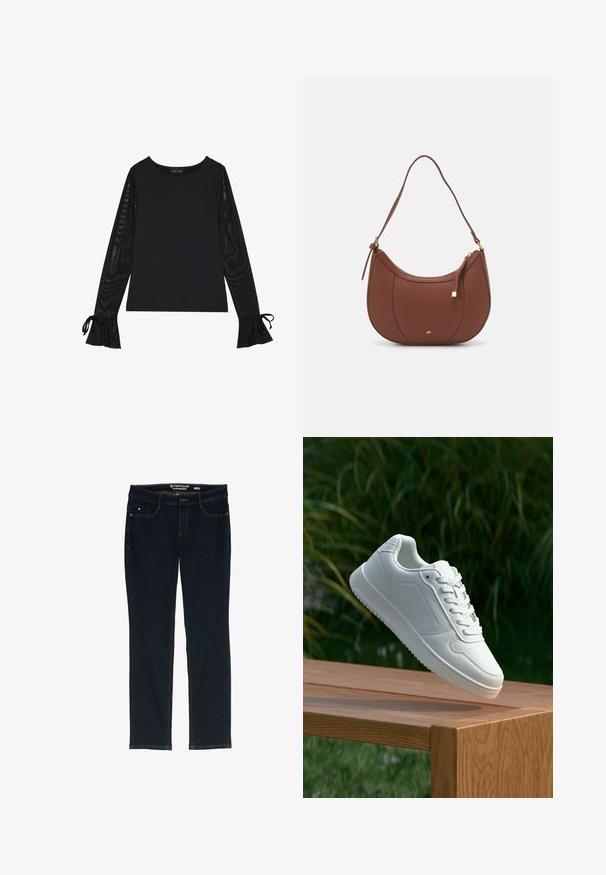 Top nero con corpo solido e maniche a campana trasparenti. Presenta dettagli a nodo ai polsini. Realizzato in tessuto morbido con un design aderente.; Jeans dritti di colore blu scuro realizzati in denim. Presentano cinque tasche, cuciture arancioni in contrasto e un'etichetta in vita con il nome del marchio.; Sneaker bianco con tomaia in sintetico liscio, punta perforata, lacci piatti e suola testurizzata, esposto su una superficie di legno.; Borsa a spalla in finta pelle marrone con forma curvata, cuciture minime e un accento in metallo dorato. Presenta una chiusura con zip superiore e una tracolla regolabile.