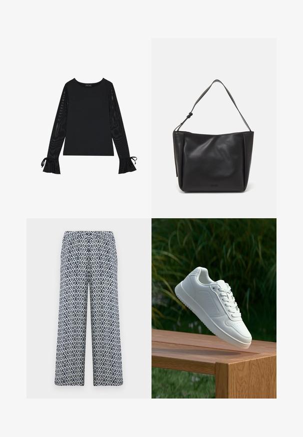 Zwarte top met een solide lichaam en doorschijnende, uitlopende mouwen. Heeft strikaccenten bij de manchetten. Gemaakt van een gladde stof met een getailleerd ontwerp.; Geprinte broek met wijde pijpen en een elastische tailleband. Kenmerkt zich door een geometrisch navy en wit patroon op een lichte stof.; Witte sneaker met een gladde synthetische bovenkant, geperforeerde neus, platte veters en een gestructureerde zool, tentoongesteld op een houten oppervlak.; Calvin Klein GRACIE MEDIUM - Handtas - black