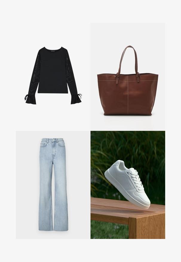 Črna majica z enotno podlago in prozornimi, širokimi rokavi. Ima zaveze pri manšetah. Narejena iz gladkega materiala s prilegajočim dizajnom.; Svijetloplave traper hlače s razvedenim nogavicama i visokim strukom, s prednjim džepovima i suptilnim detaljima šivanja duž nogu.; Bela teniska s gladkim sintetičnim zgornjim delom, perforiranim prednjim delom, ravnimi vezalkami in teksturiranim podplatom, prikazana na leseni površini.; Rjava usnjena torba z dvema ročajema, z kontrastnim šitjem in prostornim dizajnom, primerna za vsakodnevno uporabo.