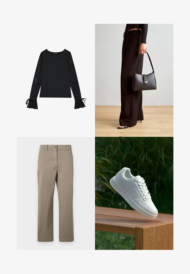 Mustapaita, jossa on kiinteä vartalo ja läpinäkyvät, leveät hihat. Täydentää nauhakoristeet hihojen suissa. Valmistettu sileästä kankaasta ja muotoonommellusta designista.; Khaki puuvillachinot suoranlahkeisella designilla, jossa on etupainike, sivutaskut ja sileä rakenne. Ei näkyviä kuvioita tai yksityiskohtia.; Valkoiset tennarit, joissa on sileä synteettinen päällinen, rei'itetty varvasosa, litteät nauhat ja teksturoitu pohja, esillä puupinnalla.; Musta käsilaukku, jossa on rakenteellinen muoto, sileä pinta ja metallinen solki. Yhdistetty leveisiin mustiin housuihin ja avonaiheisiin sandaaleihin puulattialla.