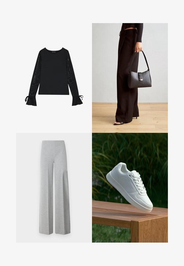 Černý top s pevným tělem a průhlednými, rozšířenými rukávy. Obsahuje vázací detaily na manžetách. Vyrobeno z hladkého materiálu s přiléhavým střihem.; Šedé kalhoty s širokými nohavicemi vyrobené z měkké, elastické tkaniny. Mají vysoký pas a hladký, minimalistický design bez dalších detailů.; Bílé tenisky s hladkým syntetickým svrškem, perforovanou špičkou, plochými tkaničkami a texturovanou podrážkou, vystavené na dřevěném povrchu.; Černá kabelka se strukturovaným tvarem, hladkým povrchem a kovovým uzávěrem. Kombinována s širokými černými kalhotami a sandály s otevřenou špičkou na dřevěné podlaze.