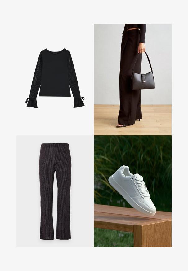 Melns tops ar vienkāršu korpusu un caurspīdīgām plandošām piedurknēm. Piedurknēm ir sasienamas detaļas. Izgatavots no gludas auduma ar pieguļošu dizainu.; Melni ribu bikses ar elastīgu jostasvietu, ar taisnas kājas griezumu un smalkām varavīksnes spīduma daļiņām visā struktūrētajā audumā.; Baltie sporta apavi ar gludu sintētisku augšpusi, perforētu pirkstu daļu, plakani šņorēm un rakstainu zoli, novietoti uz koka virsmas.; Melnā somiņa ar strukturētu formu, gludu tekstūru un metālu sprādzi. Saskaņota ar platām melnām biksēm un sandālēm ar atvērtu purngalu uz koka grīdas.