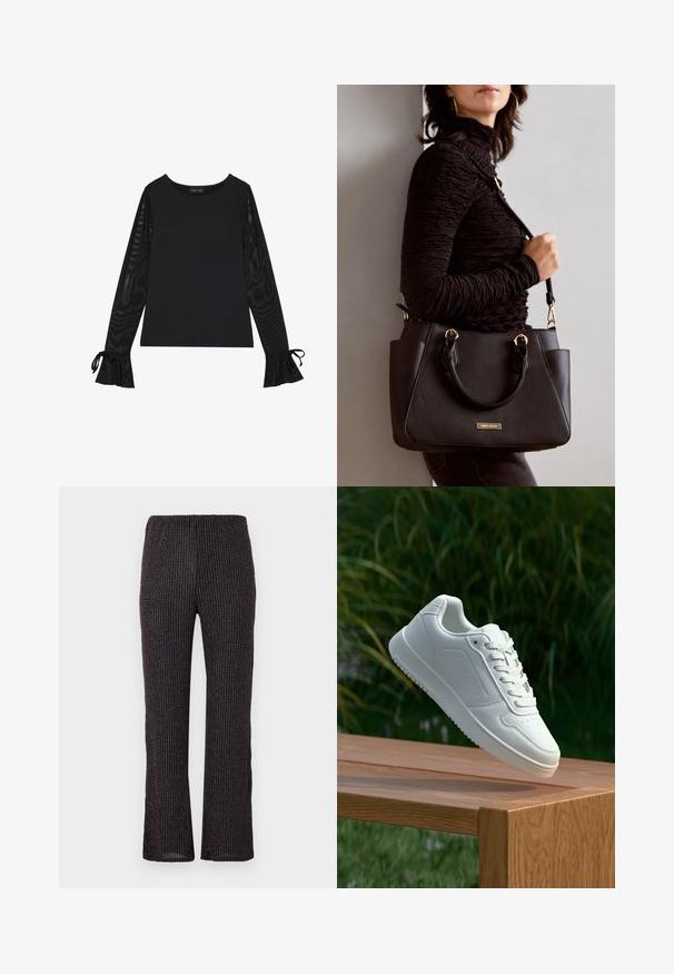 Top preto com corpo sólido e mangas amplas e transparentes. Apresenta detalhes em laço nos punhos. Feito de um tecido suave com um design ajustado.; Calças pretas caneladas com um cós elástico, apresentando um corte de perna reta e discretas partículas iridescentes por todo o tecido texturizado.; Sapatilha branca com um cabedal sintético liso, caixa dos dedos perfurada, atacadores planos e uma sola texturizada, exposta sobre uma superfície de madeira.; Bolsa preta com superfície texturizada, alças superiores duplas e alça de ombro ajustável. Apresenta ferragens em tom dourado e bolsos laterais.