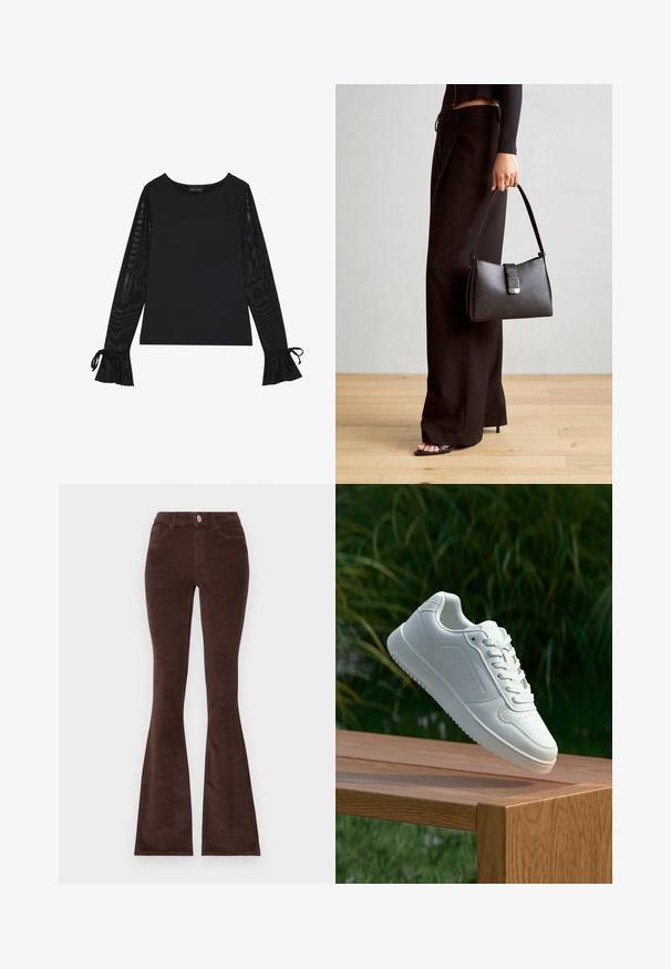 Czarna bluzka z gładkim korpusem i przezroczystymi, rozszerzanymi rękawami. Posiada wiązania na mankietach. Wykonana z gładkiego materiału o dopasowanym kroju.; Brązowe spódnice dzwony z materiału corduroy z zapięciem na guzik, dwiema przednimi kieszeniami i teksturowanym materiałem. Charakteryzują się dopasowaną talią i szerokim dołem.; Biały sneaker z gładką syntetyczną cholewą, perforowanym noskiem, płaskimi sznurowadłami i teksturowaną podeszwą, wyeksponowany na drewnianej powierzchni.; Czarna torebka o usztywnionym kształcie, gładkiej fakturze i metalowym zapięciem. Połączona z szerokimi czarnymi spodniami i sandałami na otwartym palcu na drewnianej podłodze.