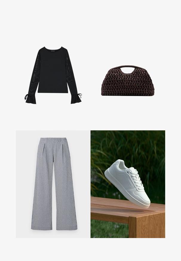 Zwarte top met een solide lichaam en doorschijnende, uitlopende mouwen. Heeft strikaccenten bij de manchetten. Gemaakt van een gladde stof met een getailleerd ontwerp.; Lange broek in marineblauw en wit gestreepte stof. Heeft een elastische tailleband en twee voorplooien voor extra details.; Witte sneaker met een gladde synthetische bovenkant, geperforeerde neus, platte veters en een gestructureerde zool, tentoongesteld op een houten oppervlak.; Geweven bruin handtas met een ronde silhouet, voorzien van een bovenhandvat en een gestructureerde oppervlakte. Compact ontwerp met een platte basis voor stabiliteit.