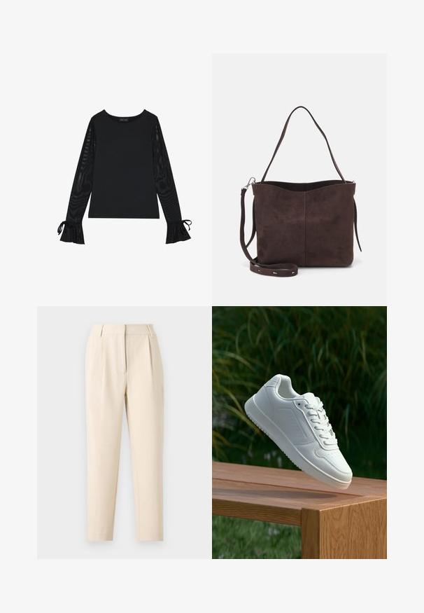 Juodas marškinėlis su tvirtu kūnu ir permatomomis, plačiomis rankovėmis. Yra kaklo juostos akcentai ant rankogalių. Pagamintas iš lygaus audinio su pritaikytu dizainu.; Kreminės tailored kelnės su tiesiu kirpimu, priekyje su klostėmis ir lygiu apdailos paviršiumi. Audinys atrodo lengvas ir tekstūruotas.; Balti sneakeriai su lygia sintetine viršutine dalimi, perforuota pirštų zona, plokščiomis raištelėmis ir tekstūruotu padu, padėti ant medinės paviršiaus.; Ruda suede audinė su minkšta tekstūra, turinti vieną petį ir subtilų kreivinį viršutinį atidarymą. Matomų metalinių detalių nėra.