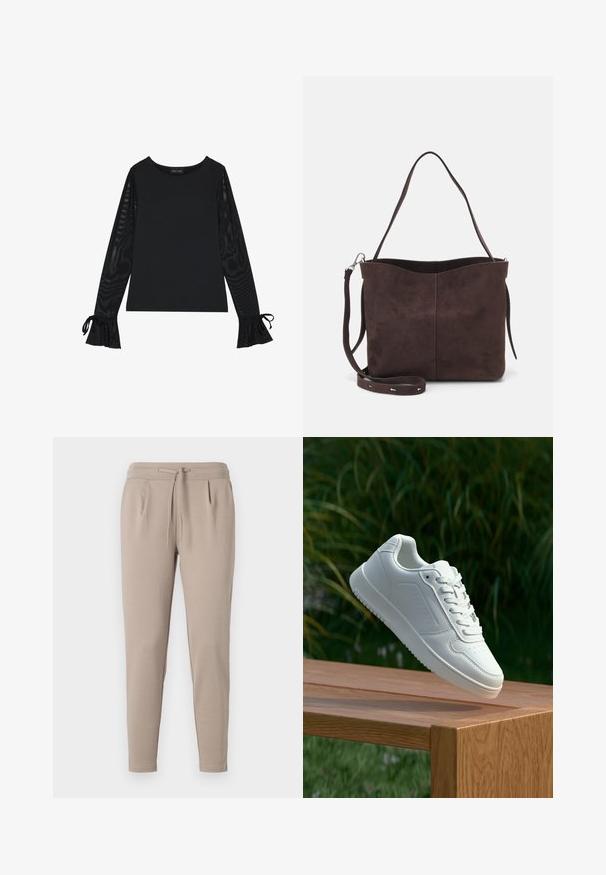 Sort top med solid krop og gennemsigtige, flagrende ærmer. Har bindebånd ved manchetterne. Lavet af glat stof med en figursyet design.; Beige joggerbukser lavet af blødt stof, med en elastisk talje med snøre og sidelommer. Taperet ben-design.; Hvid sneaker med en glat syntetisk overdel, perforeret tåboks, flade snørebånd og en tekstureret sål, præsenteret på en træoverflade.; Brun ruskinds tote bag med en blød tekstur, der har en enkelt skulderrem og en diskret buet topåbning. Ingen synlige hårde detaljer.