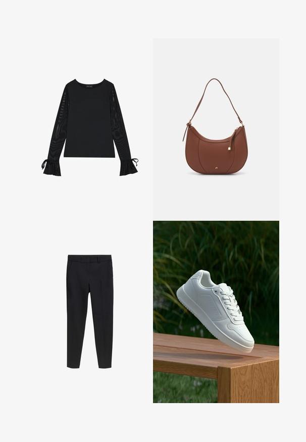 Black top with solid body and sheer, flared sleeves. Features tie accents at the cuffs. Made from smooth fabric with a fitted design.; Black tailored slim-fit ankle-length trousers with belt loops and front pockets on a white background.; White sneaker with a smooth synthetic upper, perforated toe box, flat laces, and a textured sole, displayed on a wooden surface.; Brown faux leather shoulder bag with curved shape, minimal stitching, and a gold-tone hardware accent. Features a top zipper closure and adjustable strap.