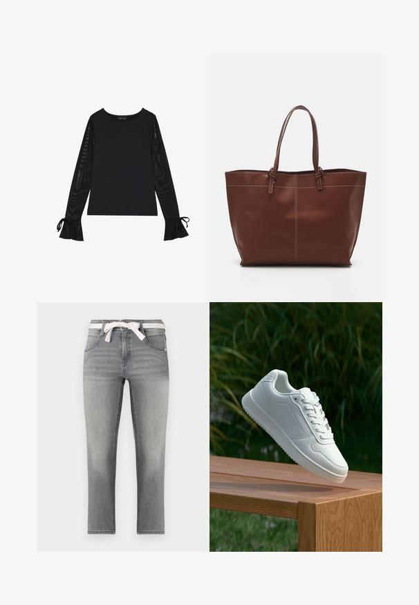 Melns tops ar vienkāršu korpusu un caurspīdīgām plandošām piedurknēm. Piedurknēm ir sasienamas detaļas. Izgatavots no gludas auduma ar pieguļošu dizainu.; Pelēkas džinsu bikses ar taisnu griezumu, ar svītrotu jostu, priekšējiem kabatām un nelielu izbalēšanu uz auduma.; Baltie sporta apavi ar gludu sintētisku augšpusi, perforētu pirkstu daļu, plakani šņorēm un rakstainu zoli, novietoti uz koka virsmas.; Brūns ādas somas ar divām rokturām, iekļauj kontrastējošas šuves un plašu dizainu, piemērota ikdienas lietošanai.